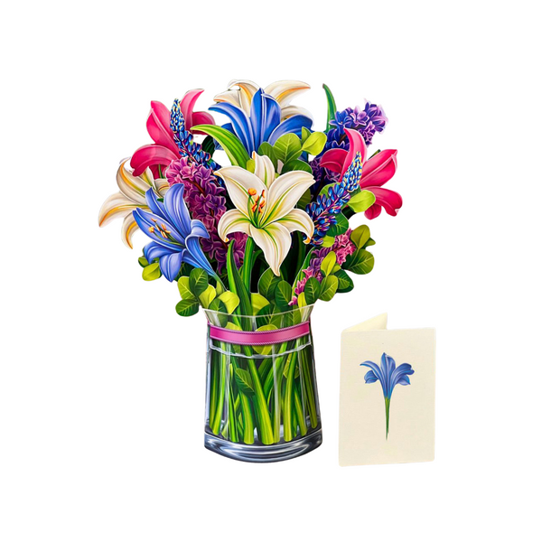 Lilies & Lupines Pop Up Card featuring a life-like bouquet in a vase with blank note card, crafted from recycled paper.