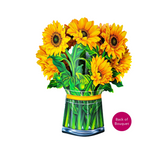 Sunflower Pop Up Card featuring a vibrant, life-like bouquet of yellow sunflowers in a vase, crafted from recycled paper, inspired by Van Gogh.