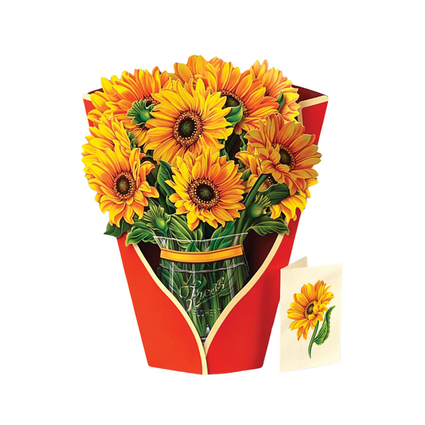 Sunflower Pop Up Card featuring a realistic bouquet of sunflowers in a glass vase, crafted from recycled paper, perfect for gifting.