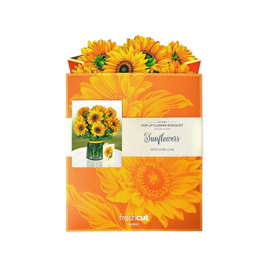 Sunflower Pop Up Card featuring a vibrant bouquet inspired by Van Gogh, crafted from recycled paper, includes a blank note card, displayed in a vase.