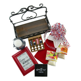 GATHER HERE GIFT SET featuring a red frame, patriotic spreaders, dip mixes, and a candle on a small bench, perfect for home welcoming or hostess gifts.