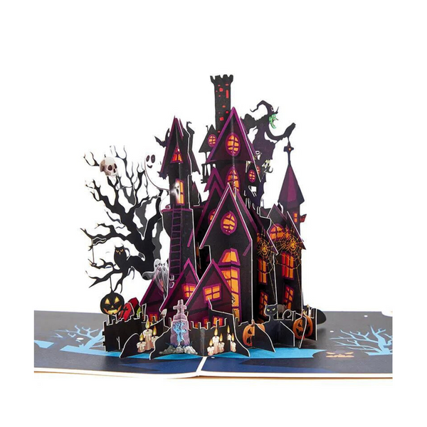 Haunted House Pop Up Card featuring a paper castle and tree, perfect for Halloween celebrations. Includes a blank note card and measures 5 x 7.