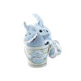 LET THE FIN BEGIN BABY BATH SET featuring a stuffed shark toy in a faux driftwood bucket with rope handle, perfect for making bath time fun.