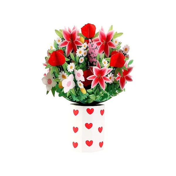 Lovely Roses Pop Up Card features a vibrant bouquet of spring flowers in a paper vase, adorned with red hearts, made of recycled paper.