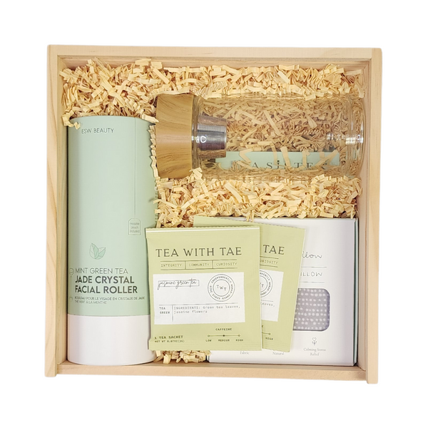 ME TIME RELAXATION SPA GIFT featuring a facial roller, tea infuser, jasmine tea, and more in a reusable gift box, ideal for personal pampering or gifting.