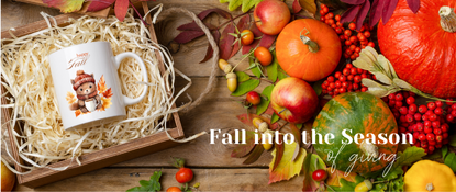  fall table scene with gift mug and fall into the season of gifting title