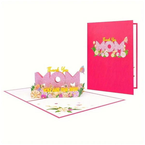 Mother's Day Pop Up Card featuring flowers and butterflies on a pink background, made from recycled paper, includes a blank note card for personalization.