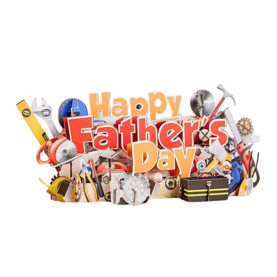 MR FIX IT FATHER'S DAY POP UP GREETING CARD featuring tool illustrations, highlighting its theme of celebrating handy dads, made from recycled paper with a blank note card included.