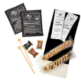 OWN THE DAY MINI COFFEE GIFT: Includes pour-over coffee, biscotti, creamers, wooden stir sticks, and coffee candies, all beautifully packaged in a decorative pillow box.