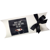 OWN THE DAY MINI COFFEE GIFT featuring a white box with a black ribbon, includes pour-over coffee, creamers, biscotti, stir sticks, and coffee candies.