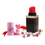 Pink Champagne Kisses set with lip balm, sugar scrub, silicone scrubber, mini lipstick purse, and Hershey's Kisses, ideal for a luxurious pampering experience.