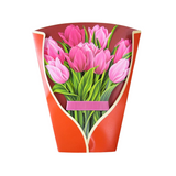 Pink Tulips Pop Up Card featuring a 3D bouquet of pink flowers, perfect for gifting, includes a blank note card and free shipping.