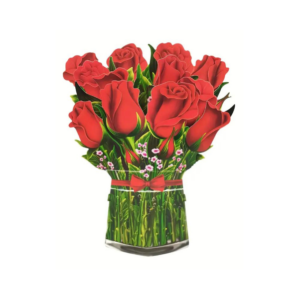 Red Roses Pop Up Card featuring a 3D bouquet of red roses in a vase, handcrafted from recycled paper, ideal for gifting and special occasions.