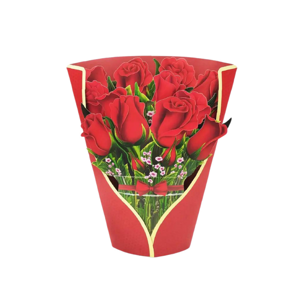 Red Roses Pop Up Card featuring a 3D bouquet of roses in a red box, perfect for expressing love and creating lasting memories.