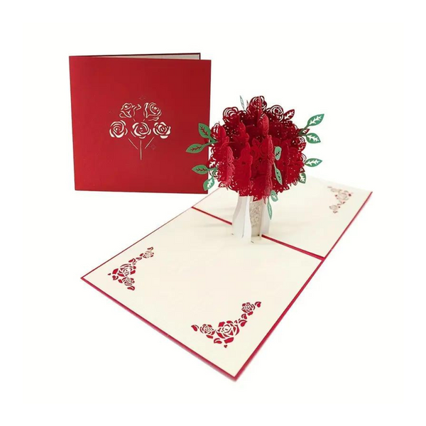 Rose Bouquet Pop Up Card featuring a 3D floral arrangement on a greeting card, crafted from recycled paper, includes a blank note card for personal messages.