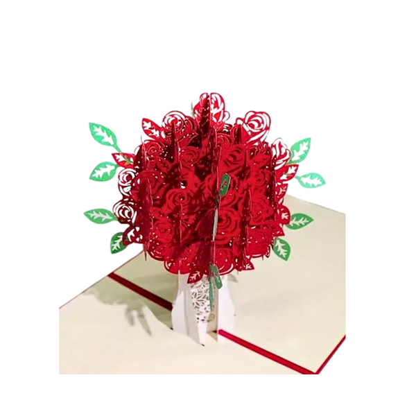 Rose Bouquet Pop Up Card showcasing a rose-shaped tree design, includes a blank note card, crafted from recycled paper for an everlasting floral gift.