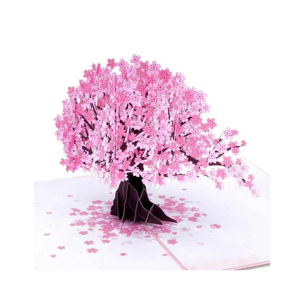 Cherry Blossom Pop Up Greeting Card featuring a detailed pink paper tree with blossoms, made from recycled paper, includes a blank note card for personal messages.