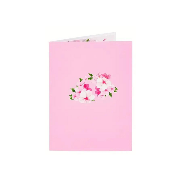 Pink Heart Pop Up Card featuring cherry blossoms in a heart shape, crafted from recycled paper. Includes a blank note card for personal messages.