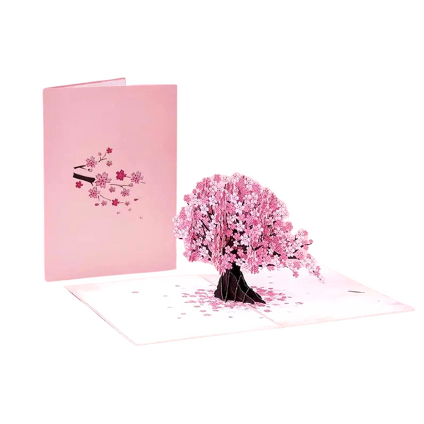 Cherry Blossom Pop Up Greeting Card featuring intricate cherry blossom designs, made from recycled paper, includes a blank note card for personalized messages.