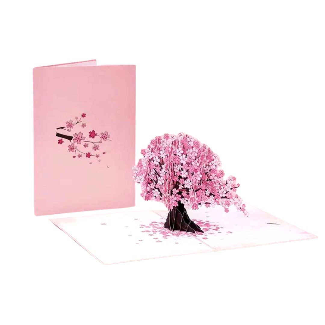 exterior and interior view of cherry tree pop up card