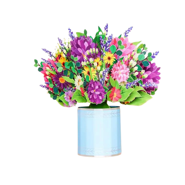 Spring Floral Pop Up Card featuring vibrant flowers in a blue vase, crafted from recycled paper, perfect for gifting with a personal note card included.