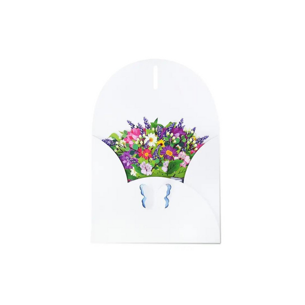 Spring Floral Pop Up Card featuring a bouquet of vibrant flowers in a white envelope with a decorative blue butterfly, includes a blank note card.