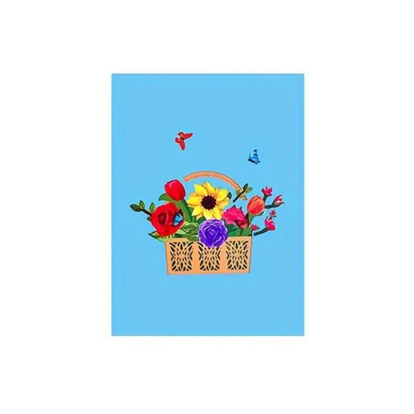 Spring Time Pop Up Card featuring a basket of flowers and butterflies, made of recycled paper, perfect for gifting occasions like Mother's Day or birthdays.