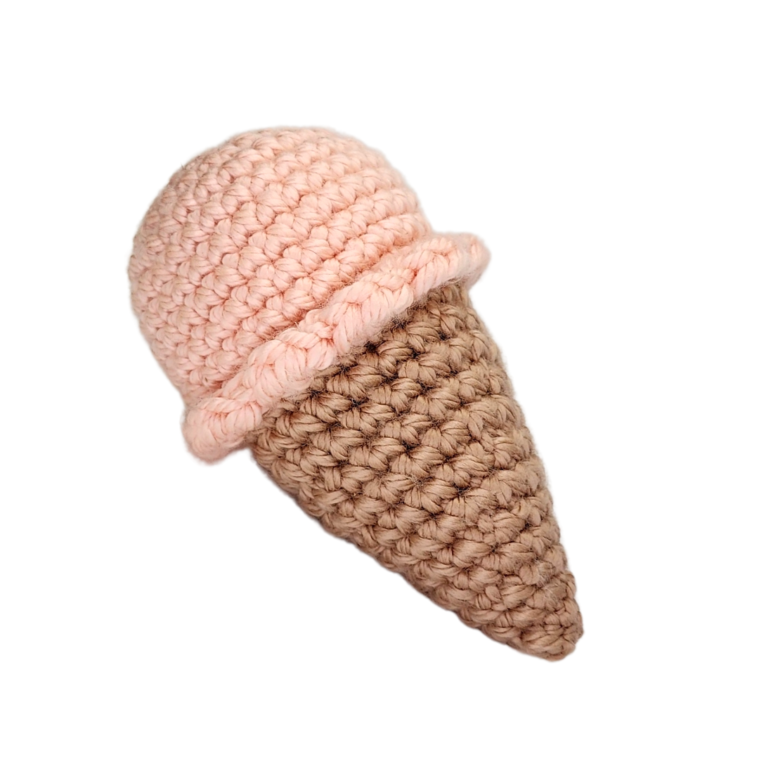 Knitted ice cream cone catnip toy, strawberry design, for cats. Handmade with catnip and silver vine, durable yarn, 6 long, benefits cat shelters.