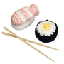 SUSHI CATNIP TOYS, SET OF 2: Knitted sushi and chopsticks, featuring catnip-filled Salmon Nigiri and Nori Maki, ideal for playful cats.