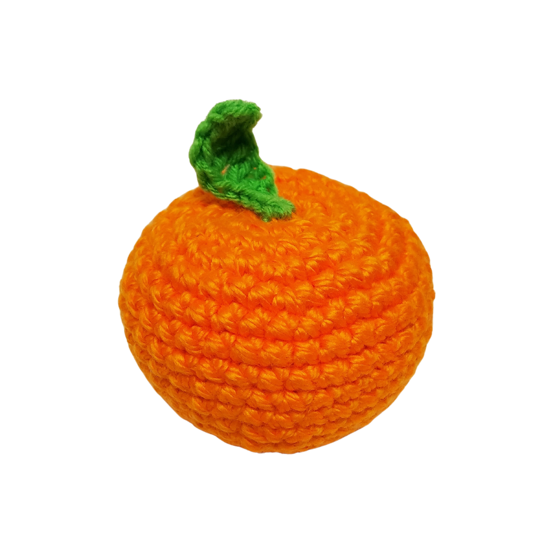 TANGERINE CATNIP TOY: A crocheted orange with a green leaf, filled with organic catnip and silver vine, designed for playful cats.