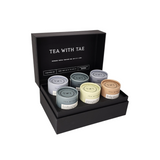 Tea Bento Gift Box featuring six mini tubes with various teas, including Jasmine Green and Bombay Chai, elegantly packaged for a unique gifting experience.