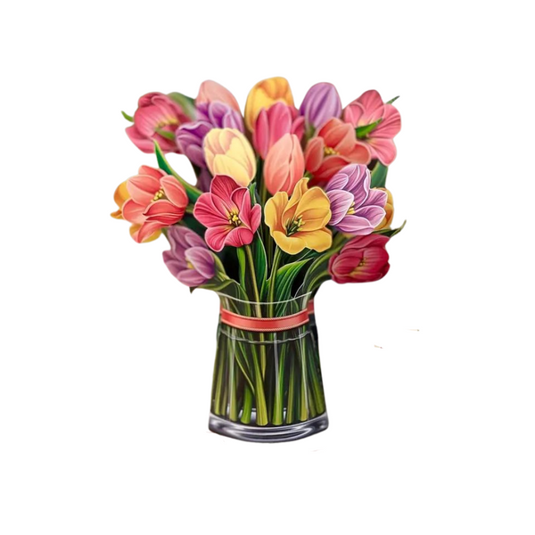 Mixed Tulip Pop Up Card: A vibrant 3D bouquet of tulips in a vase, crafted from recycled paper, perfect for various occasions and eco-friendly gifting.