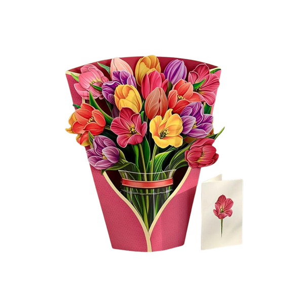 Mixed Tulip Pop Up Card showcasing a vibrant 3D tulip bouquet in a vase, crafted from recycled paper, ideal for gifting on various special occasions.