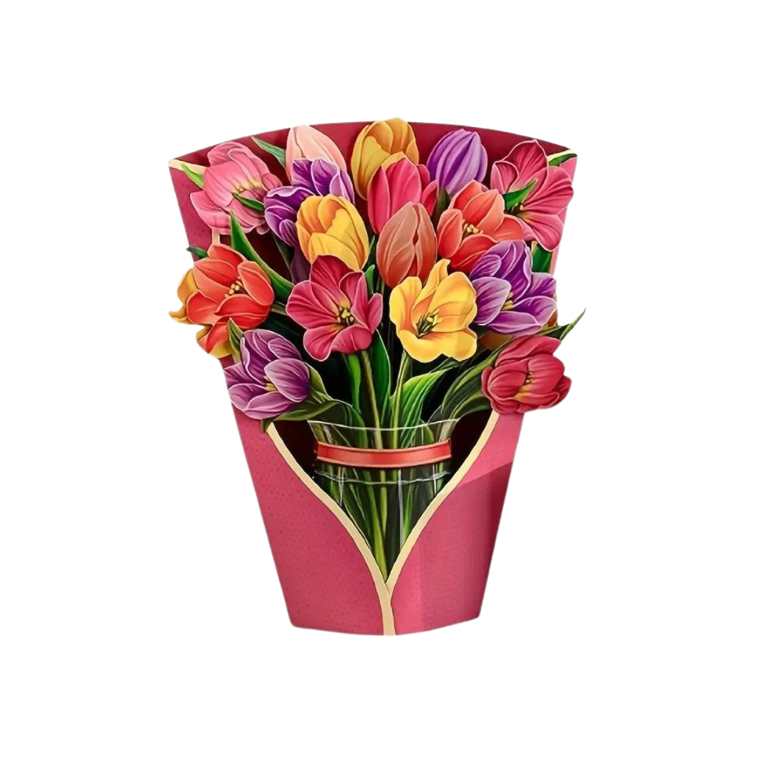 Mixed Tulip Pop Up Card featuring a vibrant 3D tulip bouquet in a pink box, crafted from recycled paper, perfect for various celebrations.