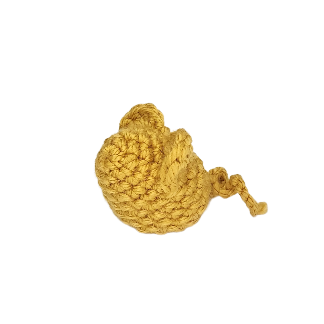 Turbo Mouse Catnip Toy, a yellow knitted item with a string, filled with organic catnip, ideal for cats of all sizes and ages.