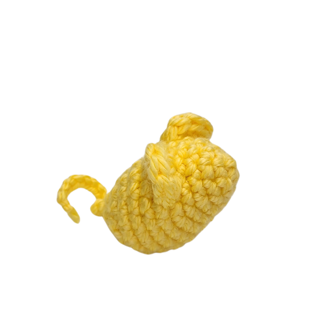 Turbo Mouse Catnip Toy, a yellow knitted mouse toy, made of heavy weight yarn, perfect for cats and supports cat rescues.