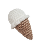 Knitted ice cream cone catnip toy filled with organic catnip, designed for cats to play and kick, handmade for durability and support for cat rescues.