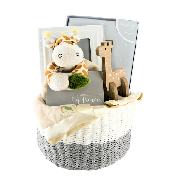 WELCOME BABY GIRAFFE GIFT SET featuring a plush giraffe, book, blanket, and decor plaque in a woven basket, perfect for new parents.