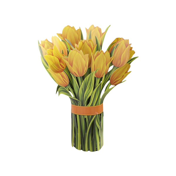 Yellow Tulips Pop Up Card featuring a lifelike 3D bouquet in a vase, crafted from recycled paper, perfect for personalized gifting occasions.